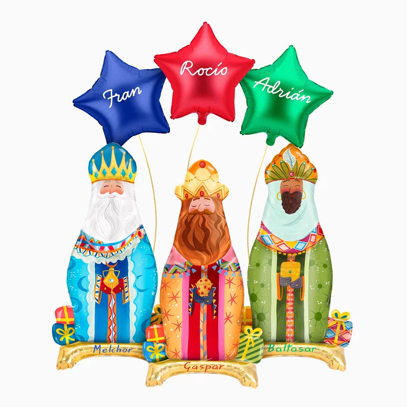 Set Globos Foil Reyes + Estrellas + Nombres Personalizados con Vinilo Blanco