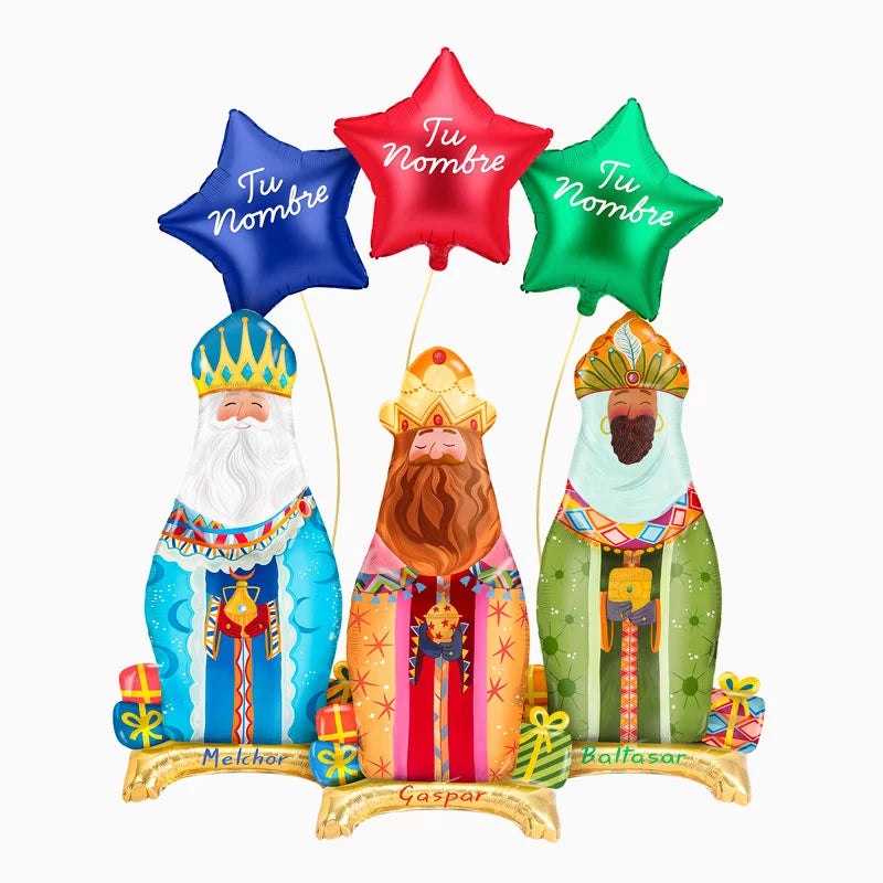 Set Globos Foil Reyes + Estrellas + Nombres Personalizados con Vinilo Blanco