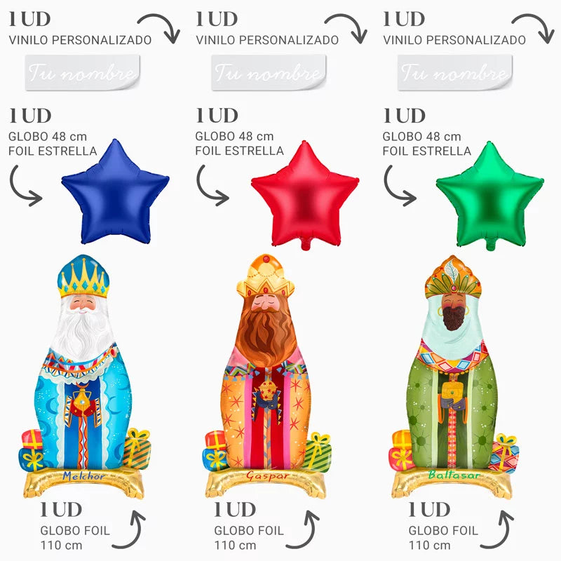 Set Globos Foil Reyes + Estrellas + Nombres Personalizados con Vinilo Blanco