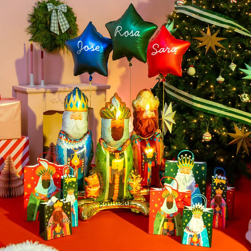 Set Globos Foil Reyes + Estrellas + Nombres Personalizados con Vinilo Blanco