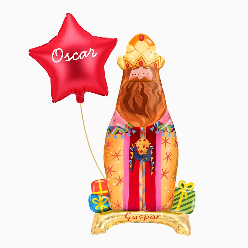 Globo con Base Foil Rey Mago Gaspar y Estrella Roja Personalizado Vinilo Blanco