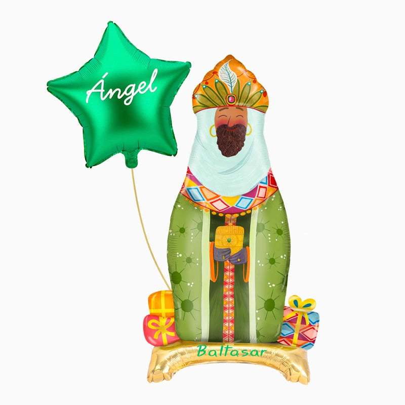 Globo con Base Foil Rey Mago Baltasar y Estrella Verde Personalizado Vinilo Blanco