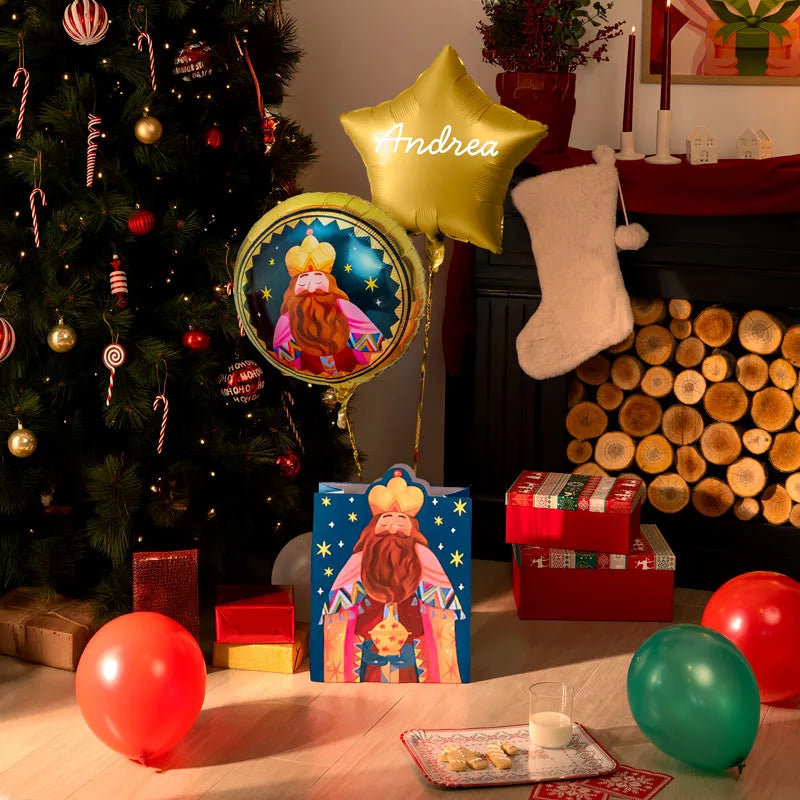 Globo Foil Rey Mago Gaspar + Bolsa Regalo Grande + Estrella Oro Personalizado Vinilo Blanco