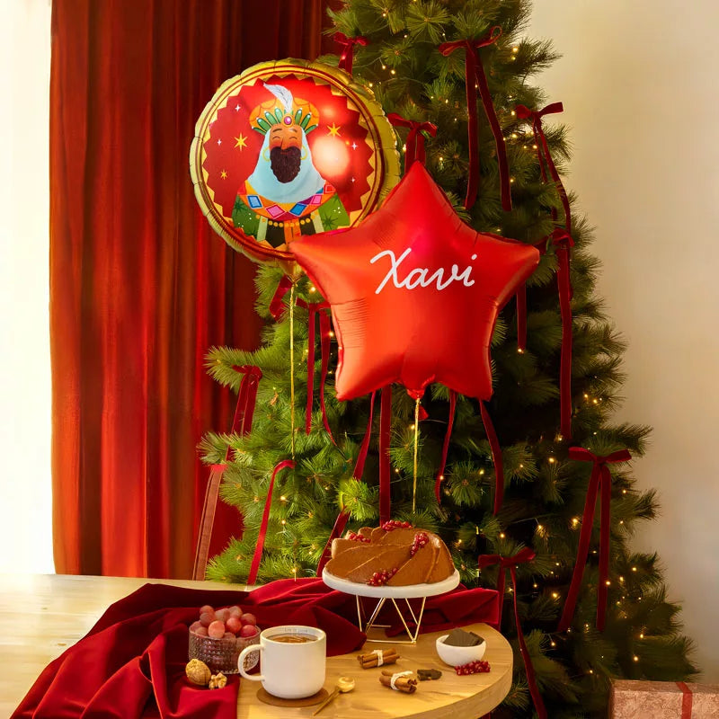 Vinile bianco personalizzato con palloncino in foil, mago Re Baltasar e stella rossa