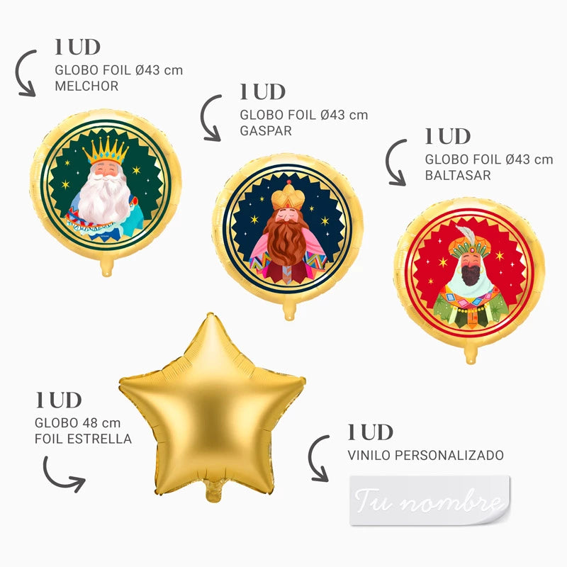 Globos Foil Reyes Magos con Estrella Oro Personalizado Vinilo Blanco