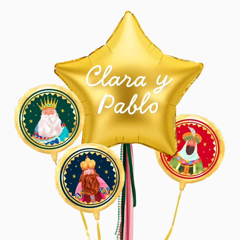 Globos Foil Reyes Magos y Estrella Oro XL con Telas Personalizado Vinilo Blanco