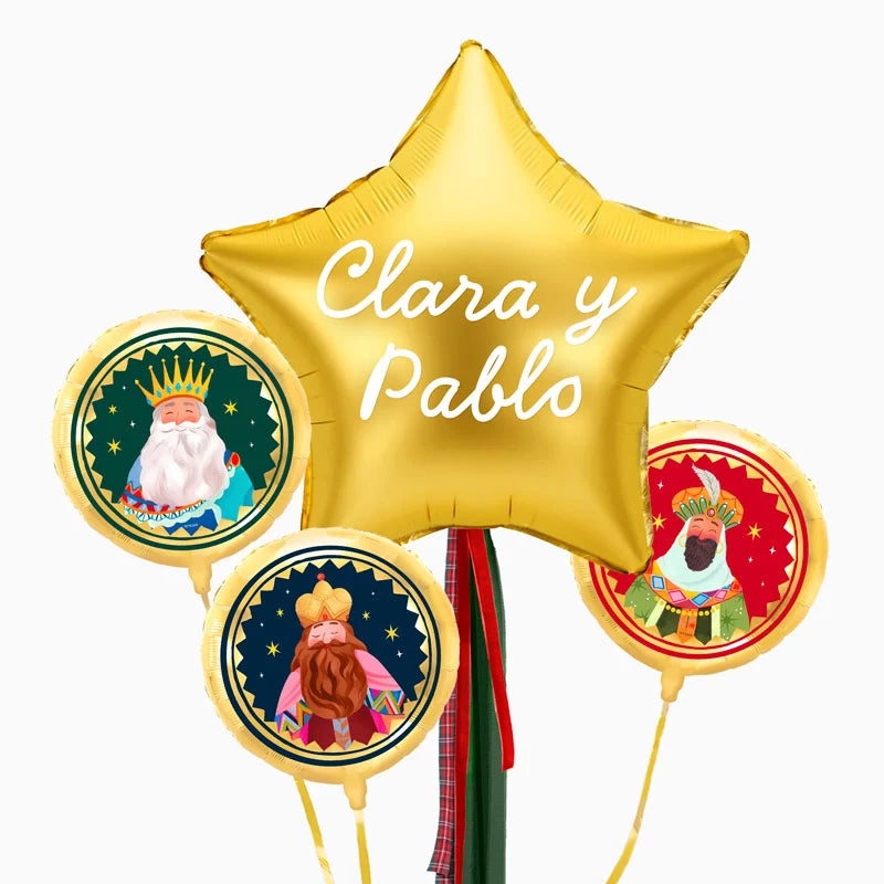 Globos Foil Reyes Magos y Estrella Oro XL con Telas Personalizado Vinilo Blanco