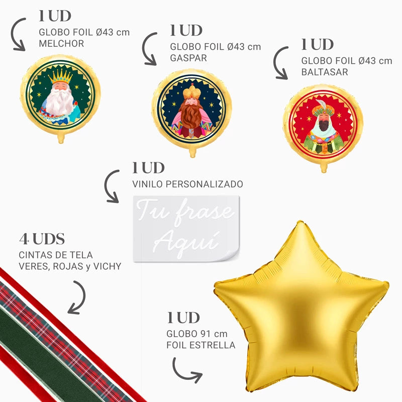 Globos Foil Reyes Magos y Estrella Oro XL con Telas Personalizado Vinilo Blanco
