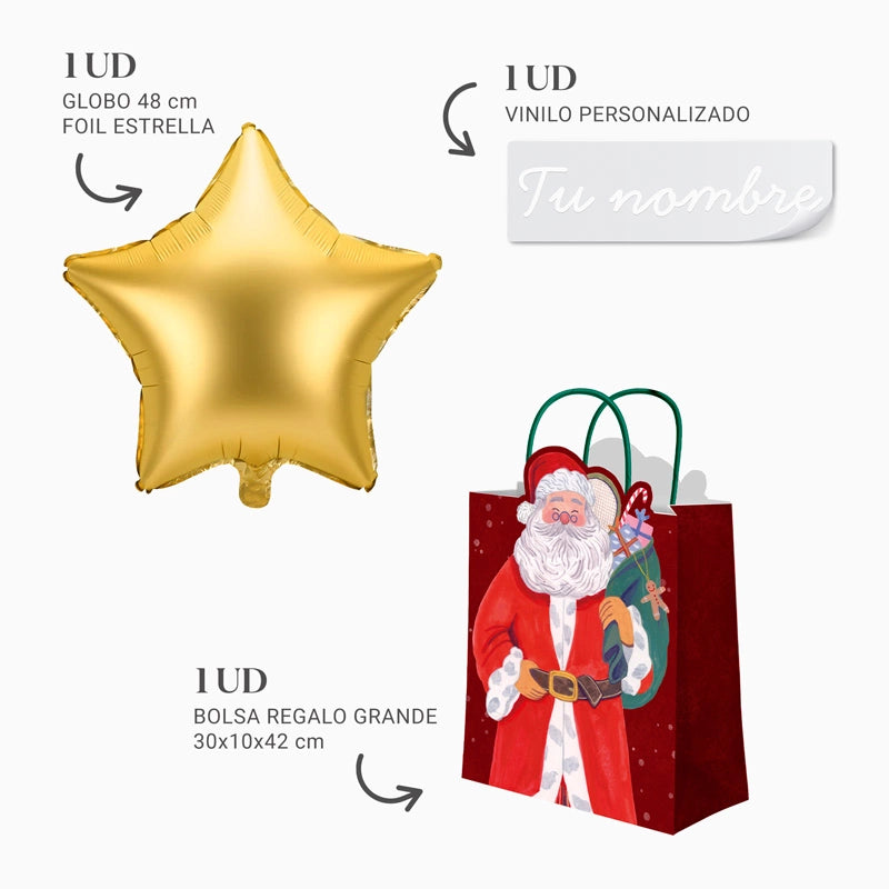 Grand Sac Cadeau Père Noël avec Étoile Dorée Vinyle Blanc Personnalisé