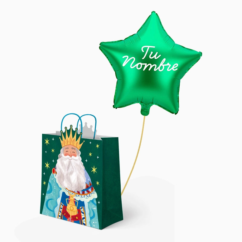 Bolsa Regalo Grande Melchor y Estrella Verde Personalizado Vinilo Blanco