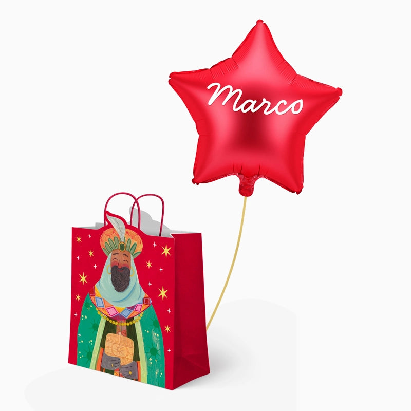 Bolsa Regalo Grande Baltasar y Estrella Roja Personalizado Vinilo Blanco