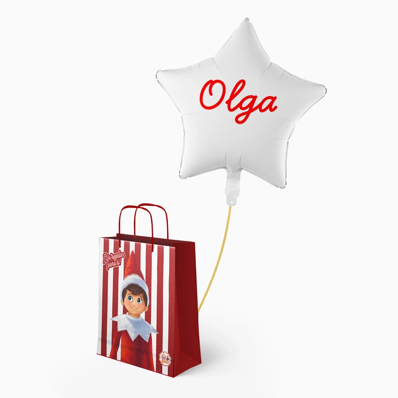 Bolsa Regalo Mediana Elfo Travieso y Estrella Blanca Personalizado Vinilo Rojo