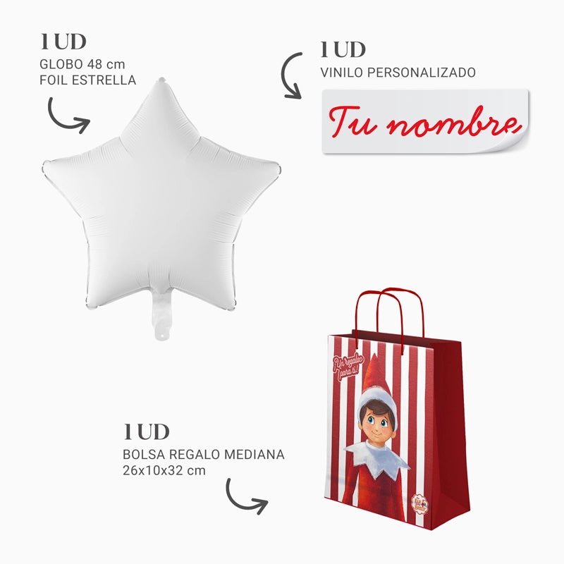 Bolsa Regalo Mediana Elfo Travieso y Estrella Blanca Personalizado Vinilo Rojo