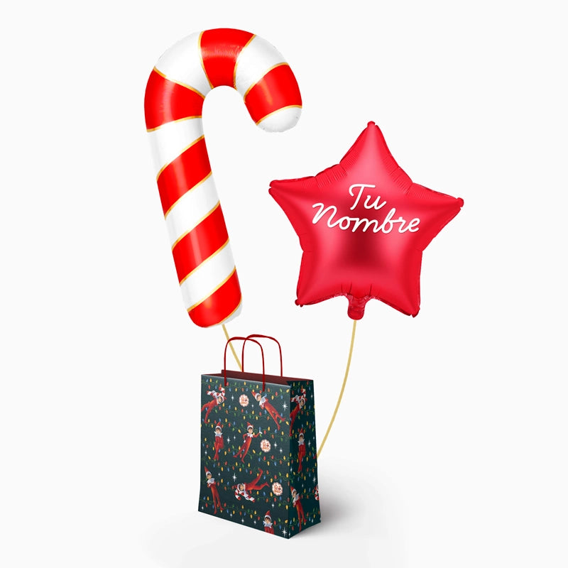 Bolsa Regalo Mediana Elfo Travieso + Globo Foil Bastón + Estrella Roja Personalizado Vinilo Blanco