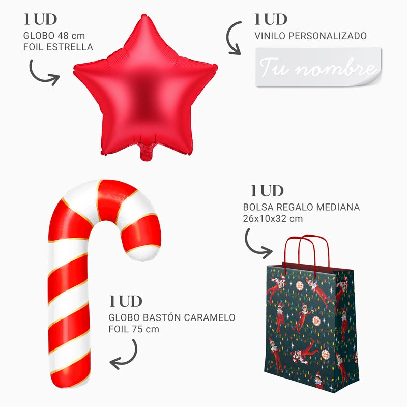 Bolsa Regalo Mediana Elfo Travieso + Globo Foil Bastón + Estrella Roja Personalizado Vinilo Blanco