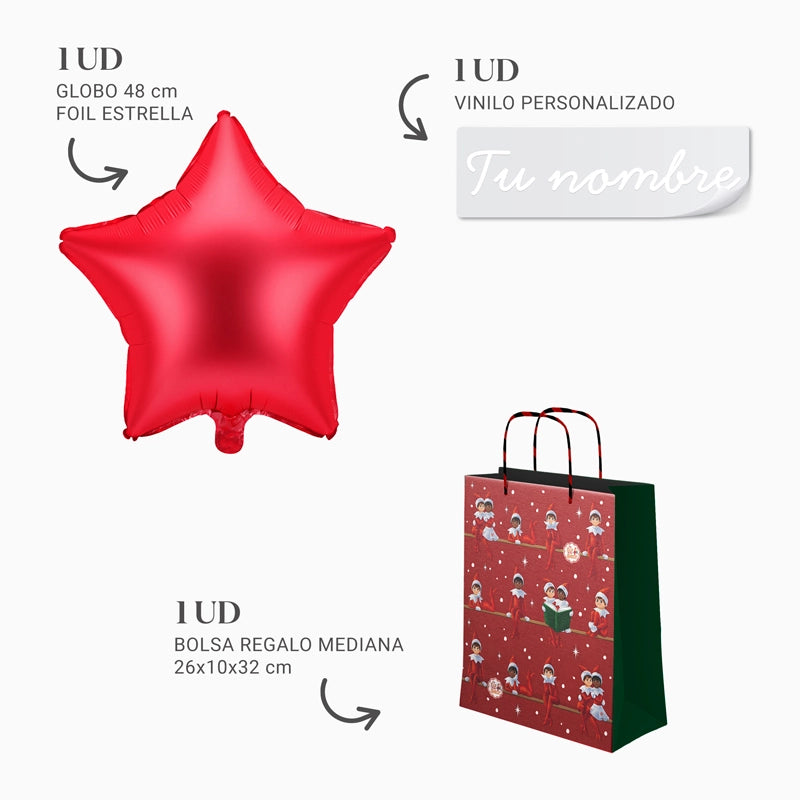 Bolsa Regalo Mediana Elfo Travieso y Estrella Roja Personalizado Vinilo Blanco