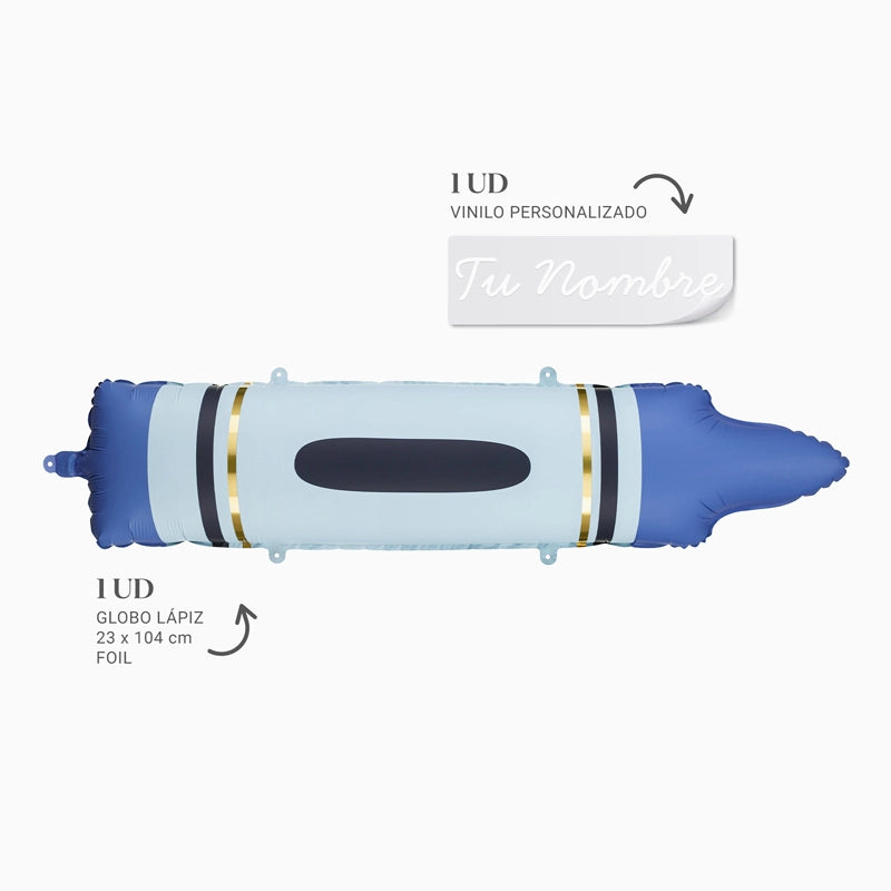 Globo Foil Lápiz Azul Personalizado Nombre Vinilo Blanco