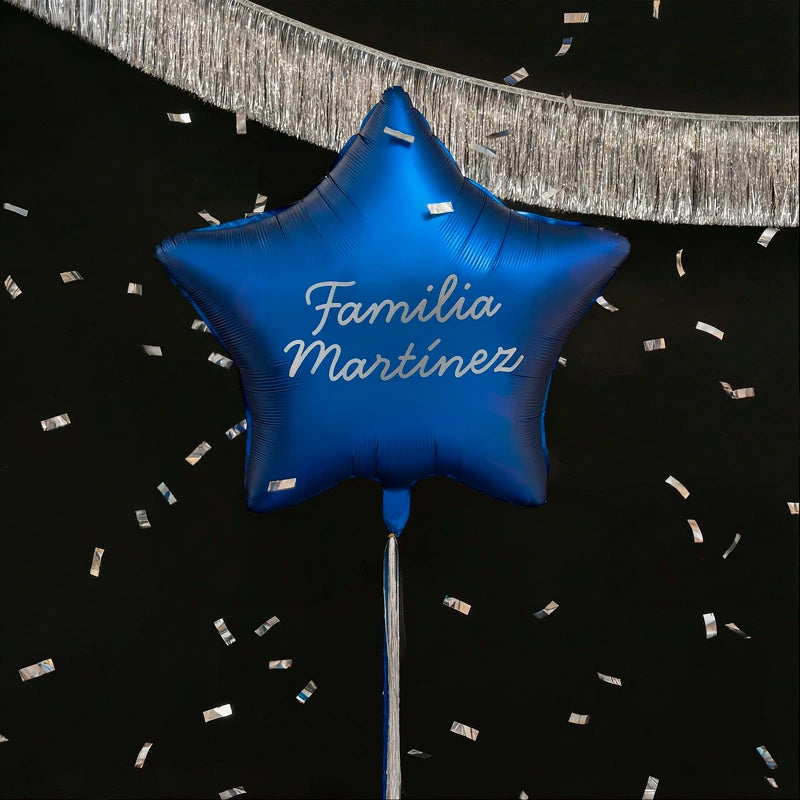 XL-Folienballon mit blauem Stern, personalisierbar, weißer Vinyl-Satz