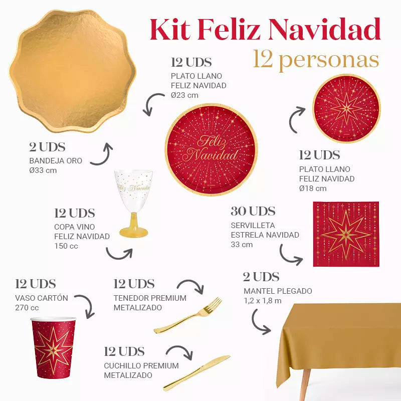 Kit Mesa Premium Navidad 12 Personas Feliz Navidad 106 piezas