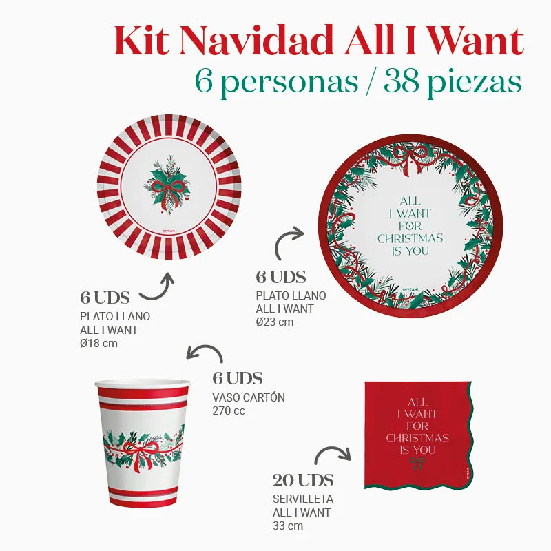 Inspiracion con Kit Mesa Basic Navidad 6 Personas All I Want For Christmas 38 piezas