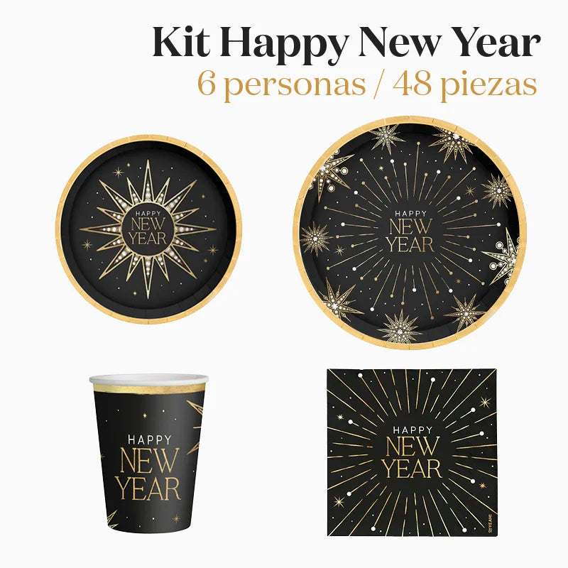 Kit Básico de Mesa de Reveillon para 6 Pessoas Feliz Ano Novo 48 peças
