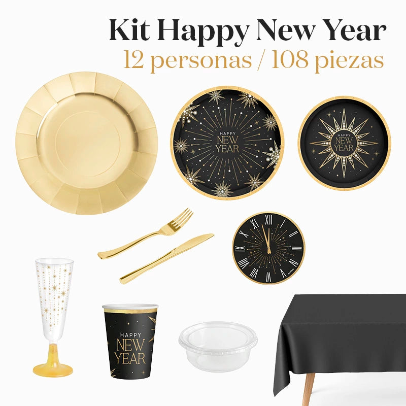 Kit Mesa Premium Nochevieja 12 Personas Happy New Year 108 piezas