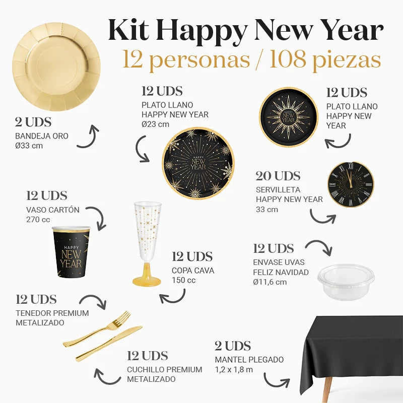 Premium New Year's Eve Table Kit 12 People Happy New Year 108 pieces