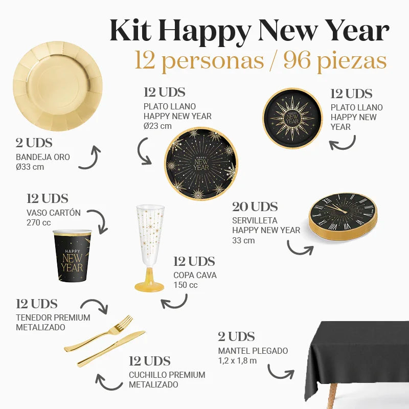 Inspiracion con Kit Mesa Reveillon Premium 12 Pessoas Feliz Ano Novo 96 peças