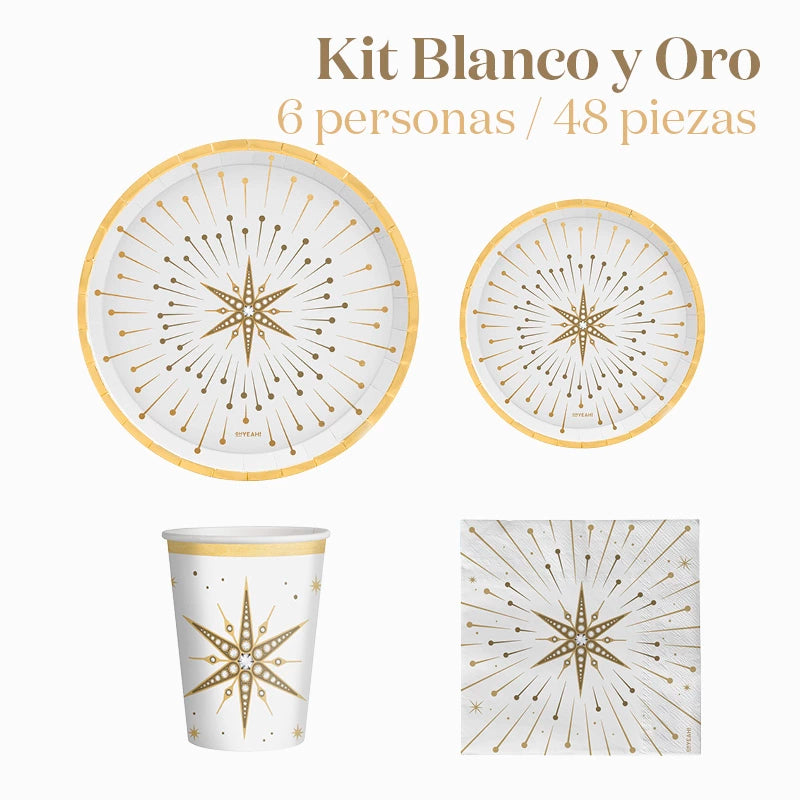 Kit Mesa Basic Navidad 6 Personas Blanco y Dorado 48 piezas