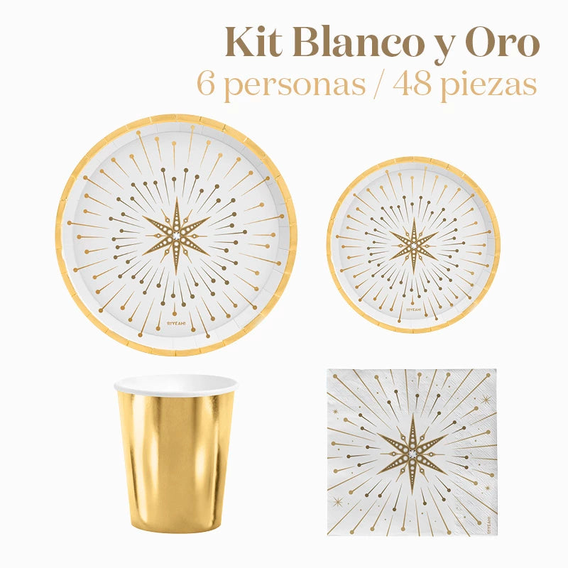Kit Básico de Mesa de Natal 6 Pessoas Branco e Dourado 48 peças