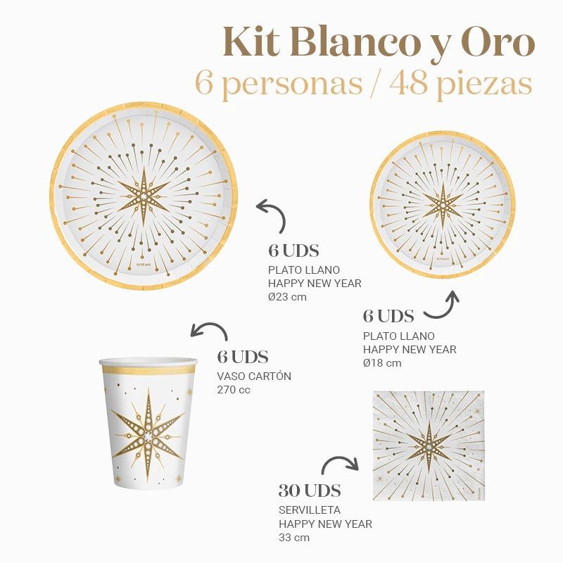 Kit Mesa Basic Navidad 6 Personas Blanco y Dorado 48 piezas
