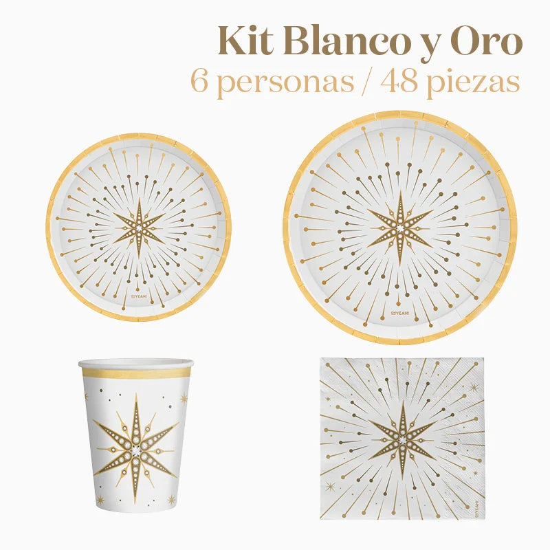 Kit Básico de Mesa de Natal 6 Pessoas Branco e Dourado 48 peças
