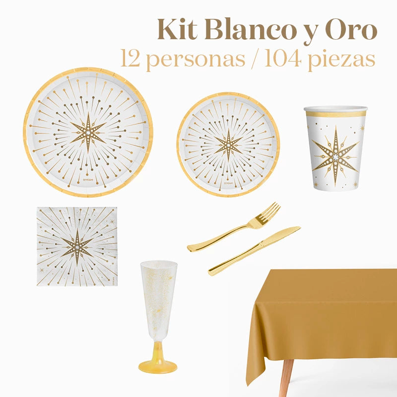 Kit Mesa Premium Navidad 12 Personas Blanco y Dorado 104 piezas