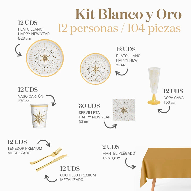 Premium Christmas Table Kit 12 People White and Gold 104 pieces