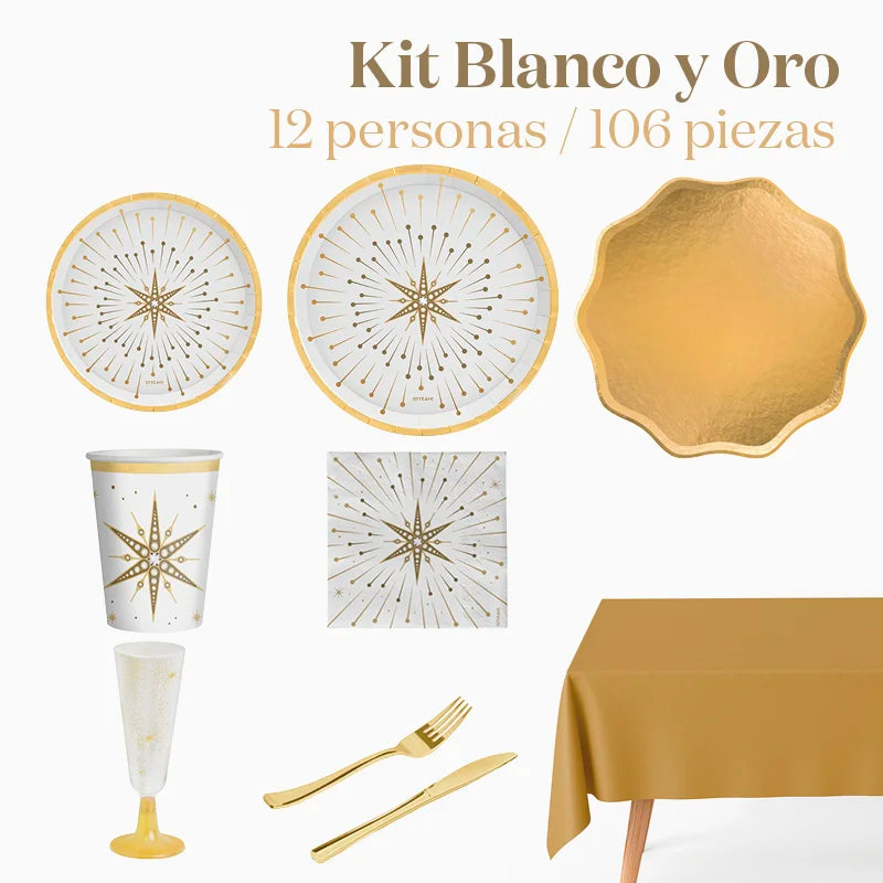 Kit Mesa de Natal Premium 12 Pessoas Branco e Dourado 106 peças