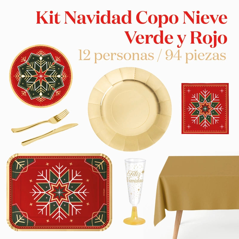Kit Mesa Basic 12 Personas Copo de Nieve Verde y Rojo 94 piezas