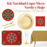 Kit Mesa Basic 12 Personas Copo de Nieve Verde y Rojo 94 piezas