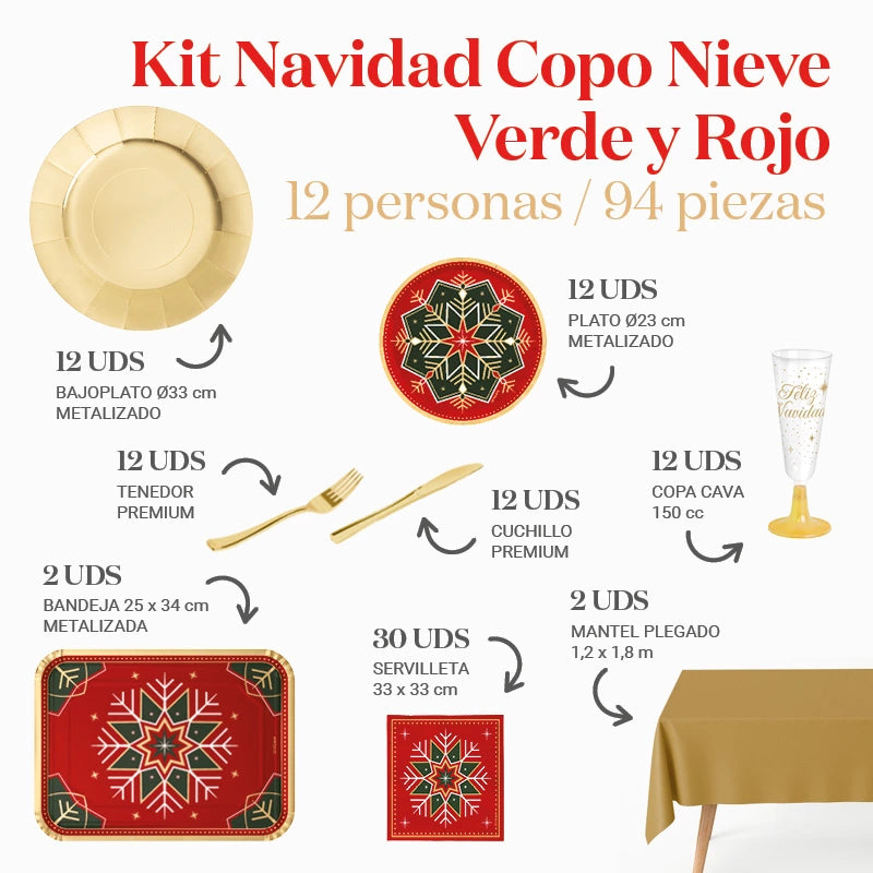 Kit Mesa Basic 12 Personas Copo de Nieve Verde y Rojo 94 piezas