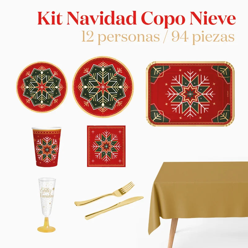 Kit Mesa Basic 12 Personas Copo de Nieve Verde y Rojo 94 piezas