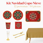 Kit Mesa Basic 12 Personas Copo de Nieve Verde y Rojo 94 piezas