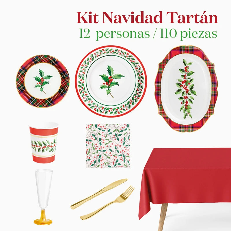 Kit Mesa de Natal Premium 12 Pessoas Tartan 110 peças