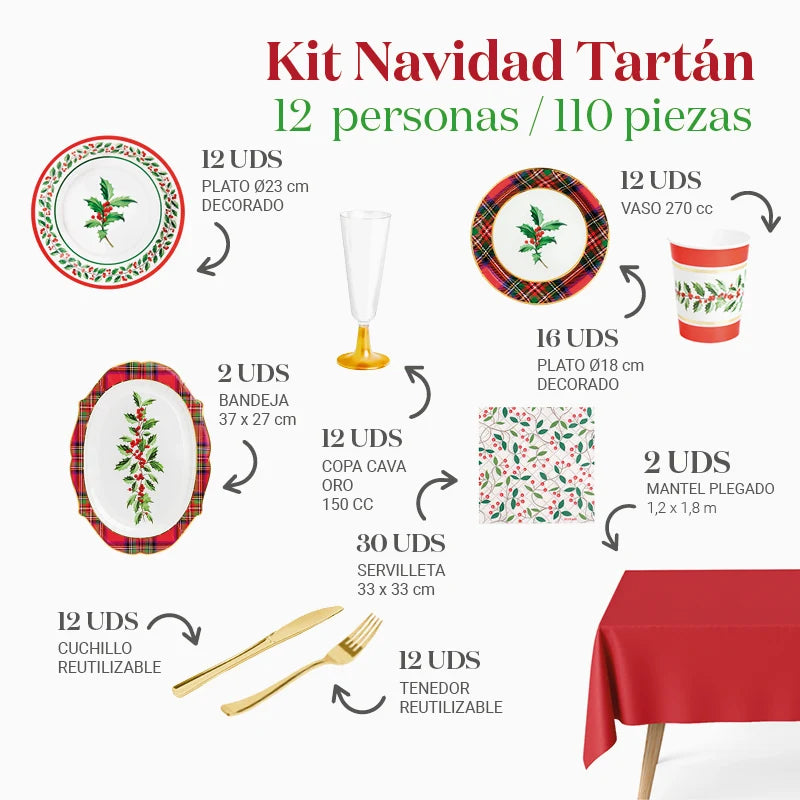 Inspiracion con Kit Mesa de Natal Premium 12 Pessoas Tartan 110 peças
