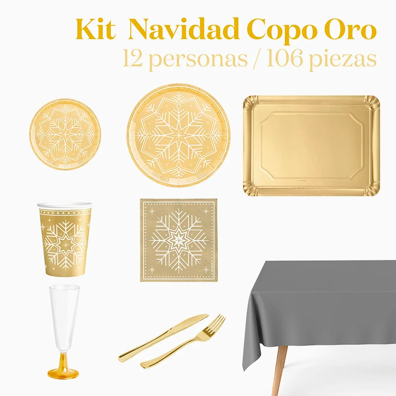 Kit Mesa Premium 12 Personas Copo de Nieve Oro 106 piezas