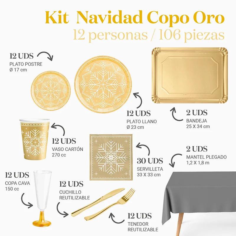 Inspiracion con Kit Mesa Premium 12 Personas Copo de Nieve Oro 106 piezas