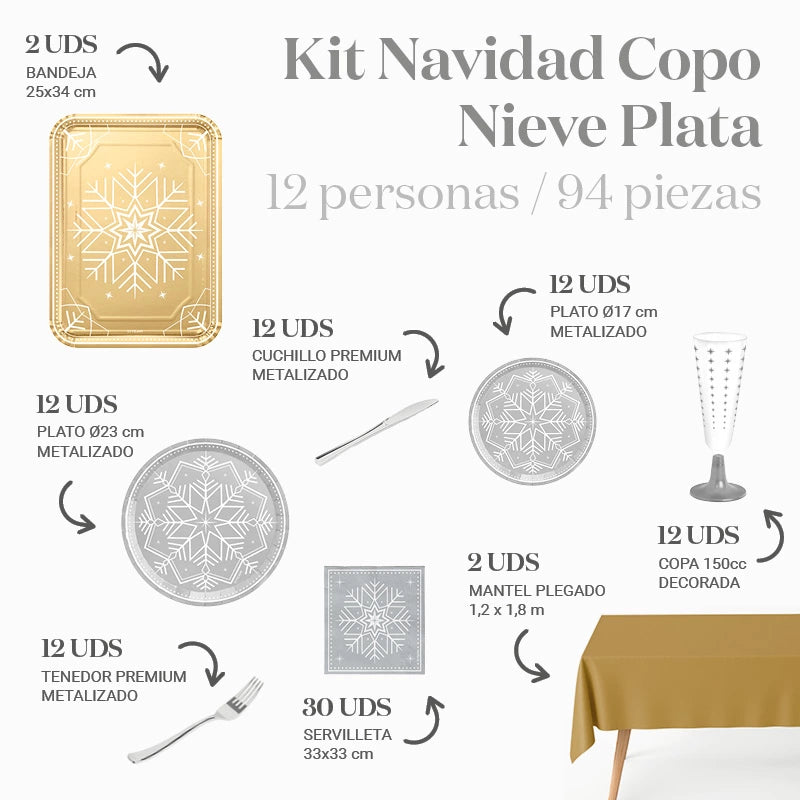 Kit Tavolo Premium 12 Persone Fiocco di Neve Argento 94 pezzi