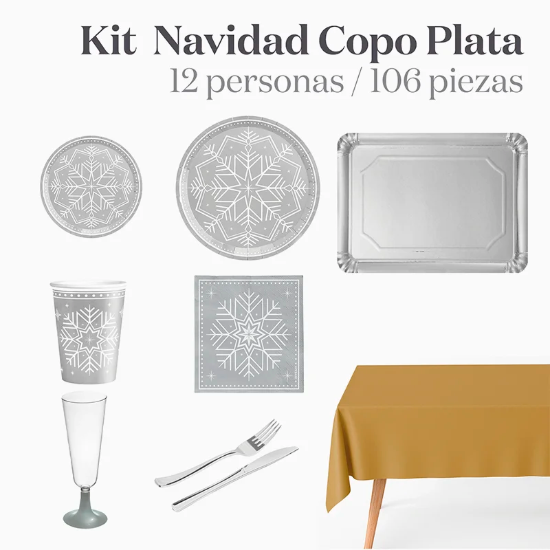 Kit Mesa Premium 12 Personas Copo de Nieve Plata 106 piezas