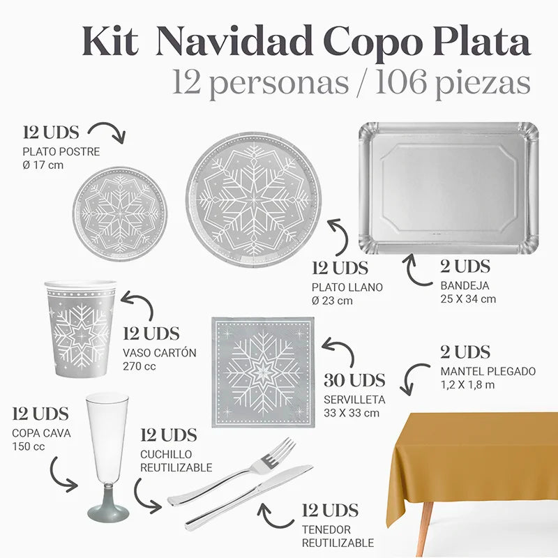 Inspiracion con Kit Mesa Premium 12 Personas Copo de Nieve Plata 106 piezas