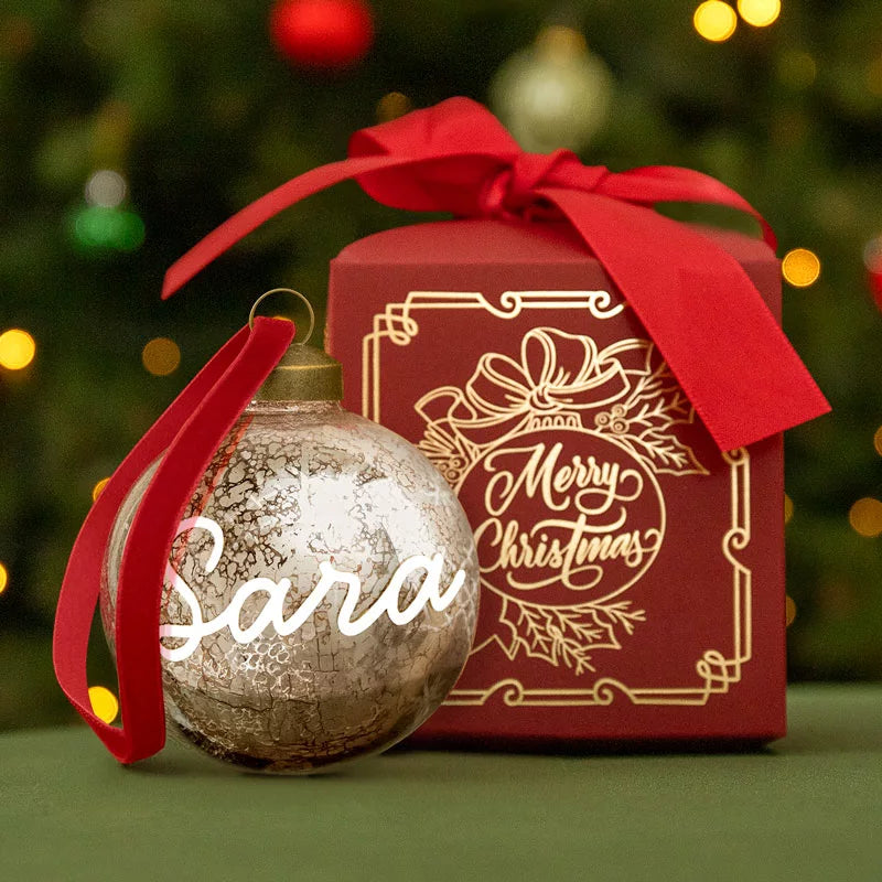 Bola de Navidad Vidrio Transparente Personalizada con Caja Burdeos