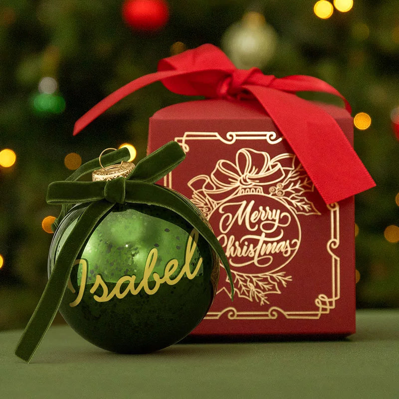 Bola de Navidad Vidrio Verde Personalizada con Caja Burdeos