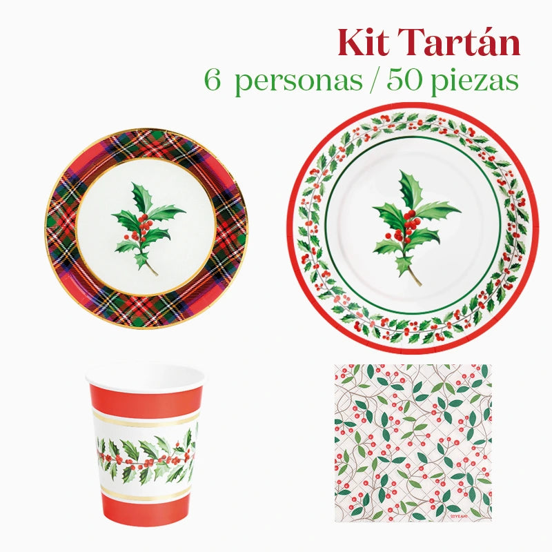 Kit Básico de Mesa de Natal 6 Pessoas Tartan 50 peças